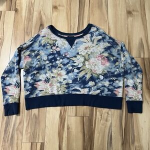 Polo Ralph Lauren Womens Sz L Sweatshirt Floral Relaxed Copped Fit Blue Crew Nek